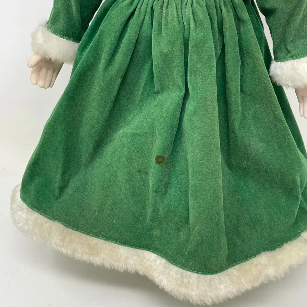 Vintage Porcelain Doll Green Velvet Christmas Dress Brunette Green Eyes Stand